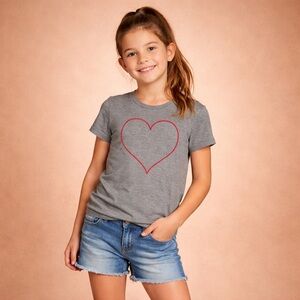 Girls Gray Heart Graphic Tee Red Outline Short Sleeve Cute Casual Top Large